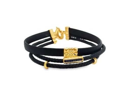 Triple-Layer Black Leather Bracelet with 18K Yellow Gold and Blue Synthetic Stones